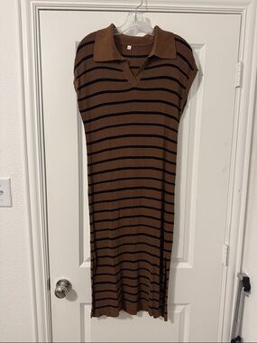 Striped Polo Midi Dress in Brown and Black